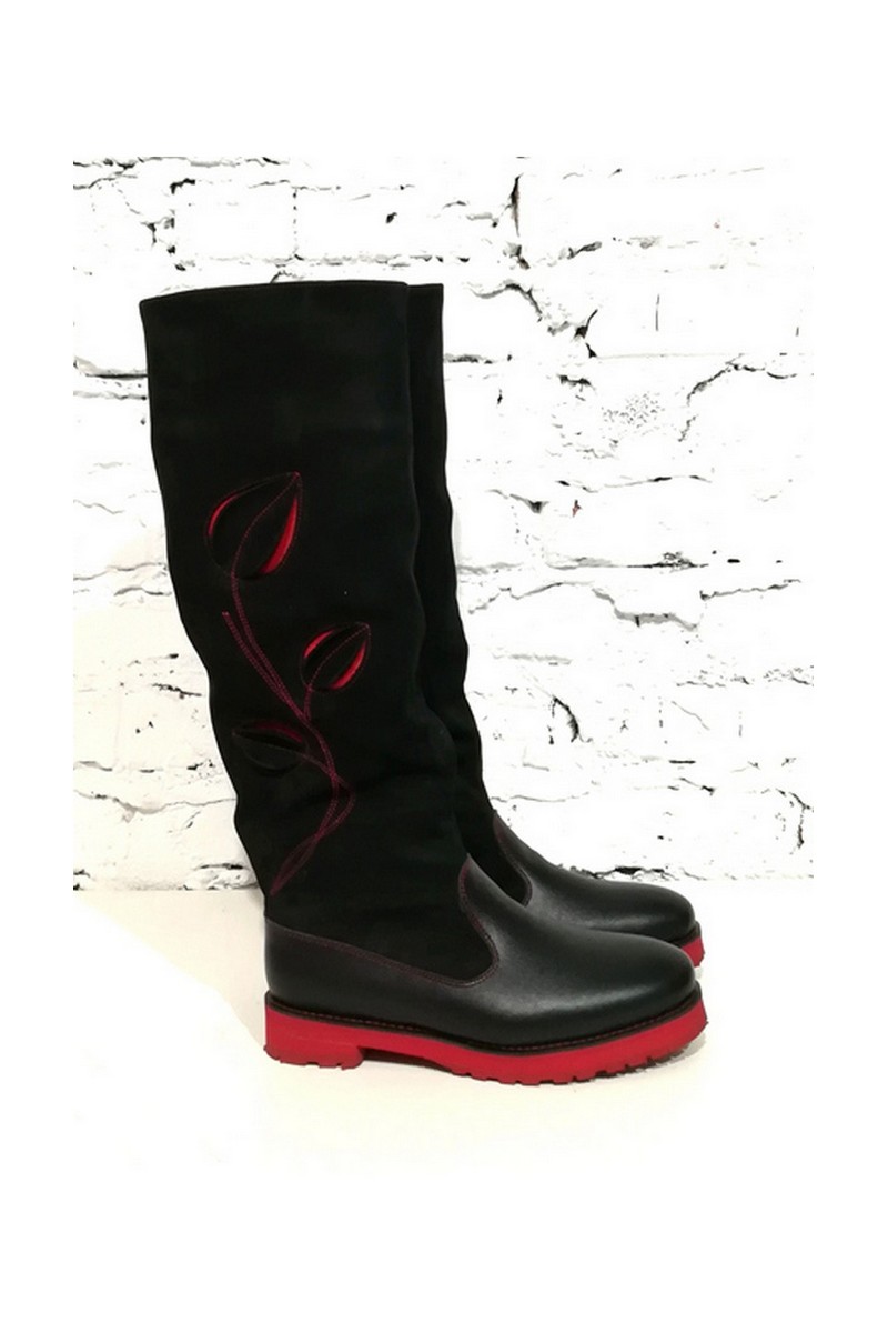 Buy Black/red leather nubuck women's boots, Stylish high boots without a heel